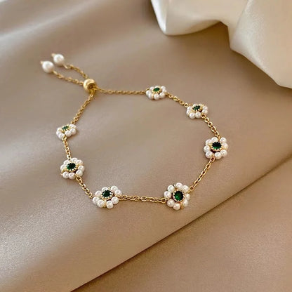 Stainless Steel Elegant Delicate Flower Pearl Bracelet