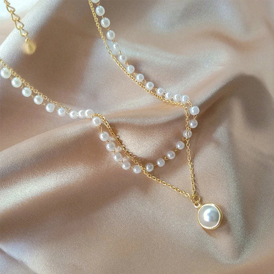 Pearl Choker Necklace Cute Double Layer Chain Pendant