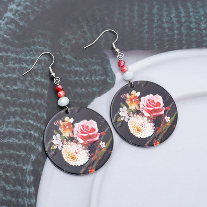 Fashion Round Flower Pattern Concave Convex Uneven Printed Acrylic Earrings