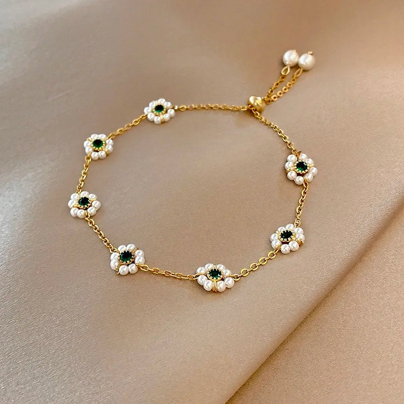 Stainless Steel Elegant Delicate Flower Pearl Bracelet