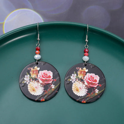 Fashion Round Flower Pattern Concave Convex Uneven Printed Acrylic Earrings