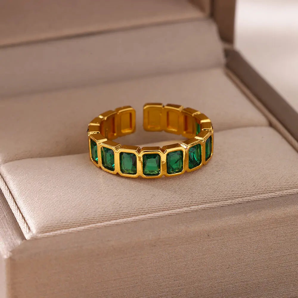 Green Square Zircon Square Spliced Open Ring