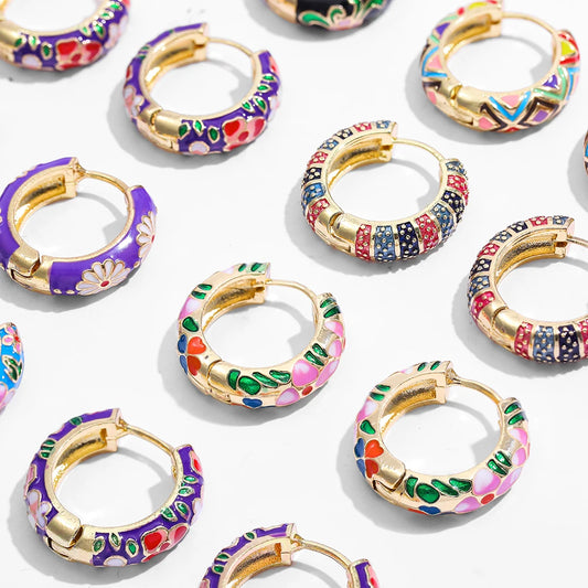 Bohemia Colorful Enamel Flower Small Hoop Earrings