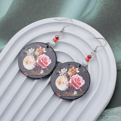 Fashion Round Flower Pattern Concave Convex Uneven Printed Acrylic Earrings