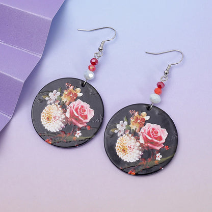 Fashion Round Flower Pattern Concave Convex Uneven Printed Acrylic Earrings