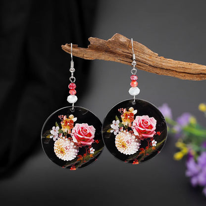 Fashion Round Flower Pattern Concave Convex Uneven Printed Acrylic Earrings