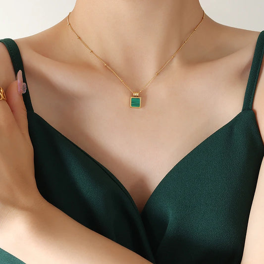 Malachite Square Geometric Pendant Necklace