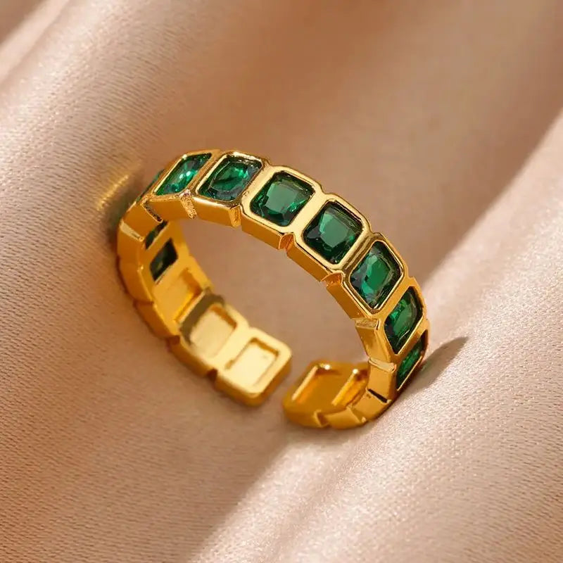 Green Square Zircon Square Spliced Open Ring