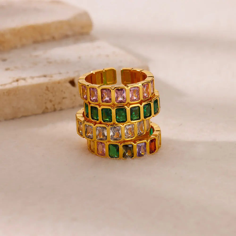 Green Square Zircon Square Spliced Open Ring