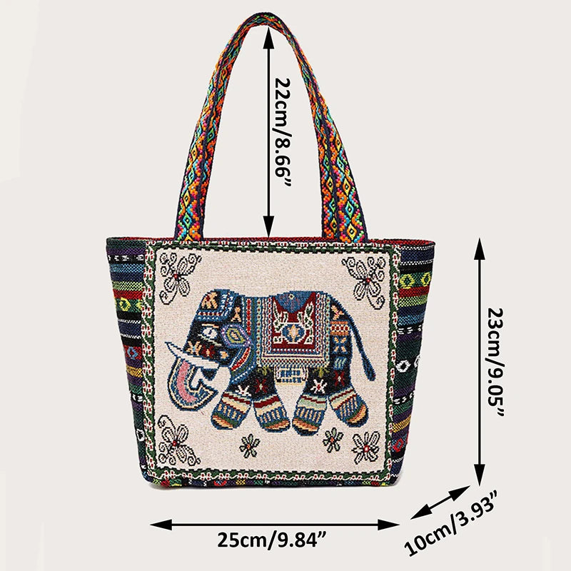 Ethnic Style Shoulder Bag, Canvas Embroidery Elephant Office Handbag Casual Travel Storage Tote Bag