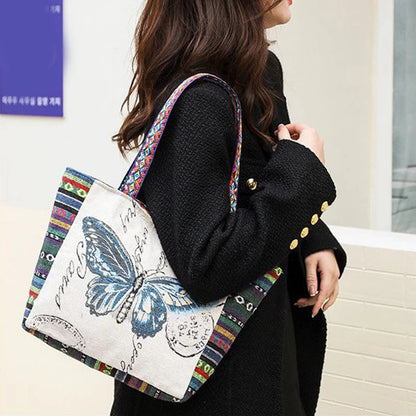 Ethnic Style Shoulder Bag, Canvas Embroidery Elephant Office Handbag Casual Travel Storage Tote Bag